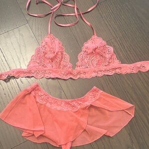 frederick's Lace Triangle Bralette & Sheer Skirted Panty Set - Coral Pink